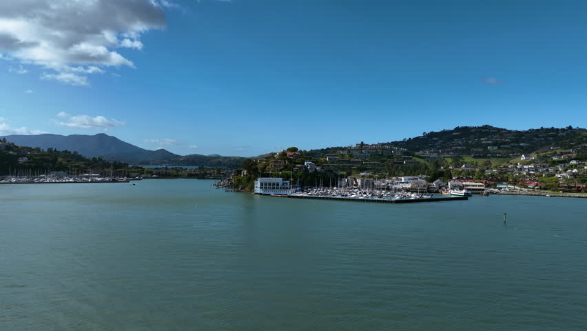 Aerial view approaching the Tiburon marina, sunny day in San Francisco, USA