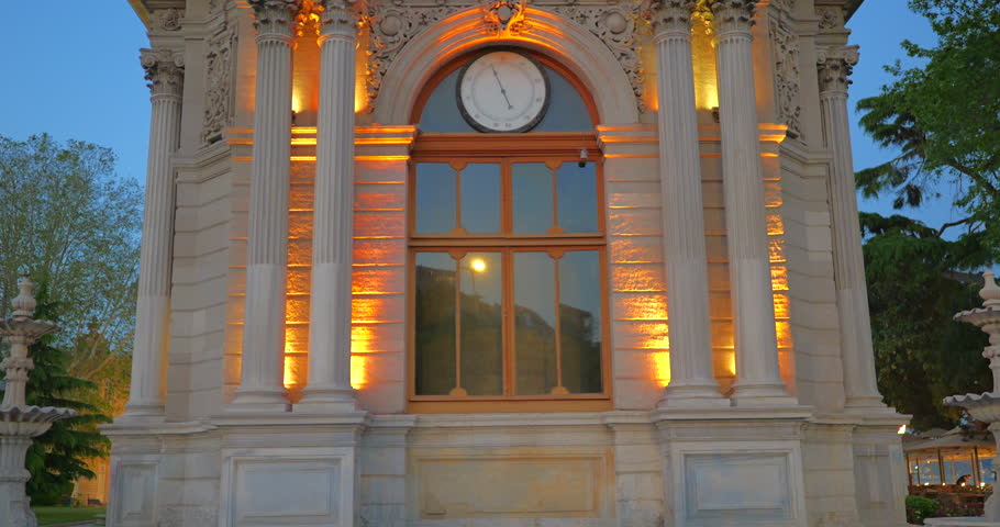 Evening view of Dolmabahche, Dolmabahçe Clock Tower, Saat Kulesi, Istanbul, Turkey 