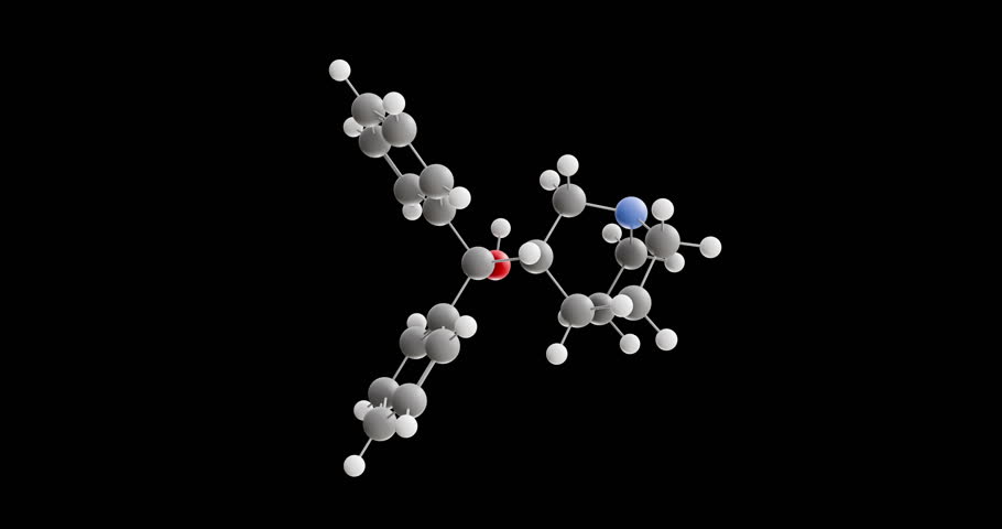 Quifenadine molecule, rotating 3D model of antihistamine, looped video on a black background