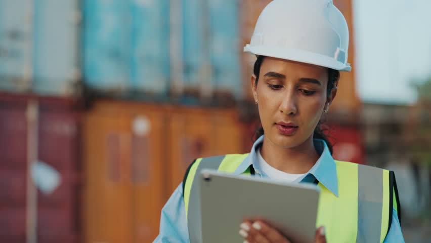 Beautiful Woman Stands In A Warehouse, Dressed In Protective Uniform, And Uses Tablet. Young Latina Engineer Works On Digital Device And Inputs Data About The Warehouse