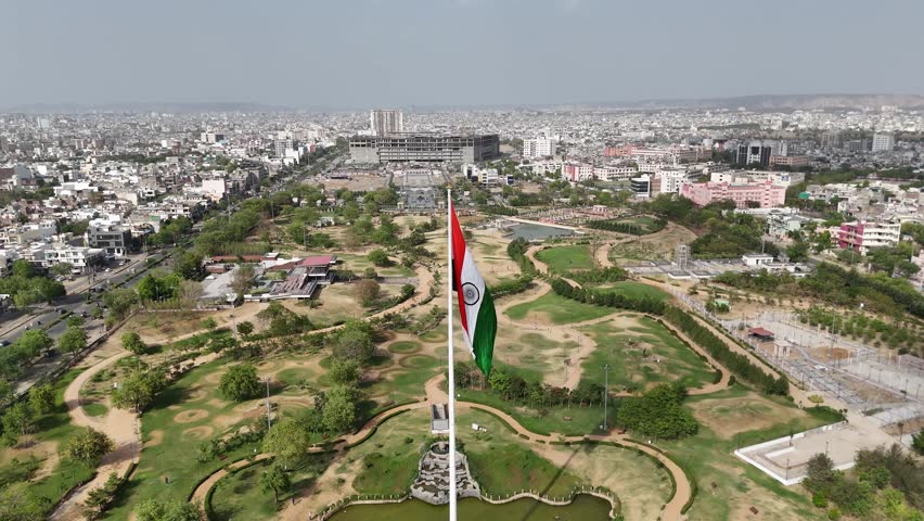 Close-up Aerial Drone Shot of Indian Flag in the Middle of Jaipur City