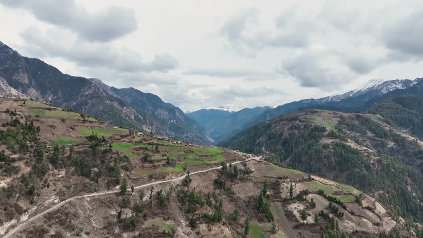Drone shot revealing hills and mountains of Nepal. Karnali Region, nepal