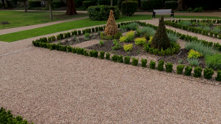 Low-Level Drone Flight Over Circular Garden with Edwardian Pagoda at Grundy Park, Cheshunt, UK