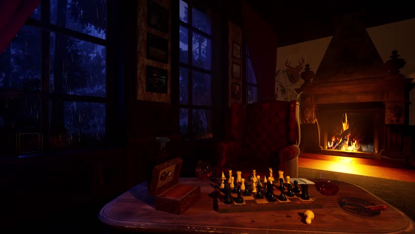 Cozy atmosphere of a vintage living room with a fireplace on a rainy, stormy night. Rain pours outside the window while the flickering fire fills the room with warmth and serenity. 3D animation.