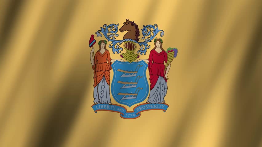 New Jersey flag waving in the wind at sunset, symbolizing freedom and patriotism in America