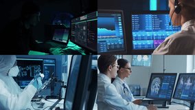 Scientists, lab equipment and microscopes in biomedical innovations and clinical studies. Technology and medical concept. Ideal for educational content. Collage. - Powered by Shutterstock - Get 15% off with code: PIKWIZARD15