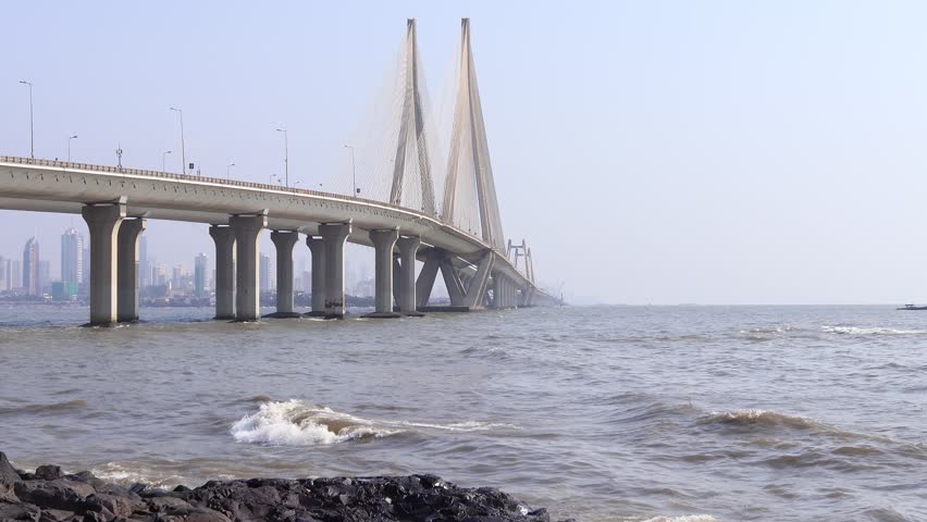 View of a Rajiv Gandhi Sea Link Bridge from the sea shore in Mumbai, India	