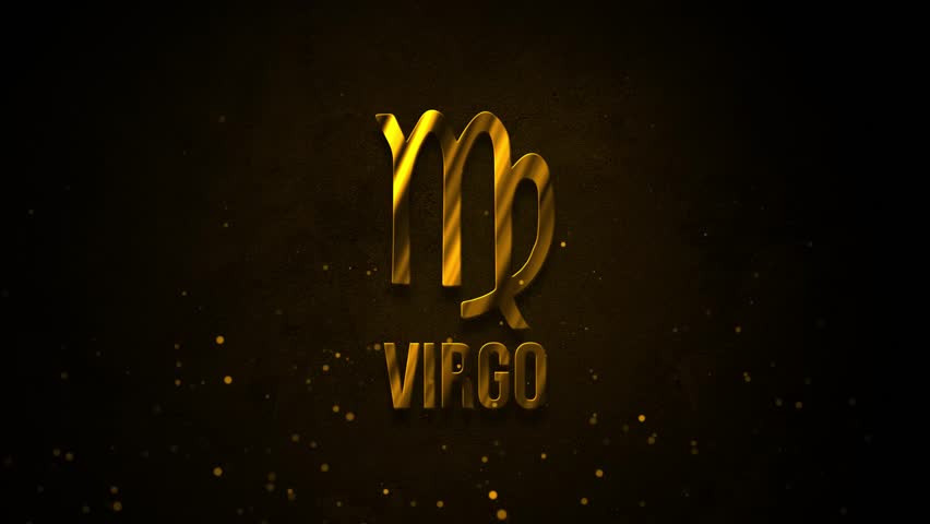 The golden zodiac sign Virgo with luminous particles on the background of an old wall. 4K.