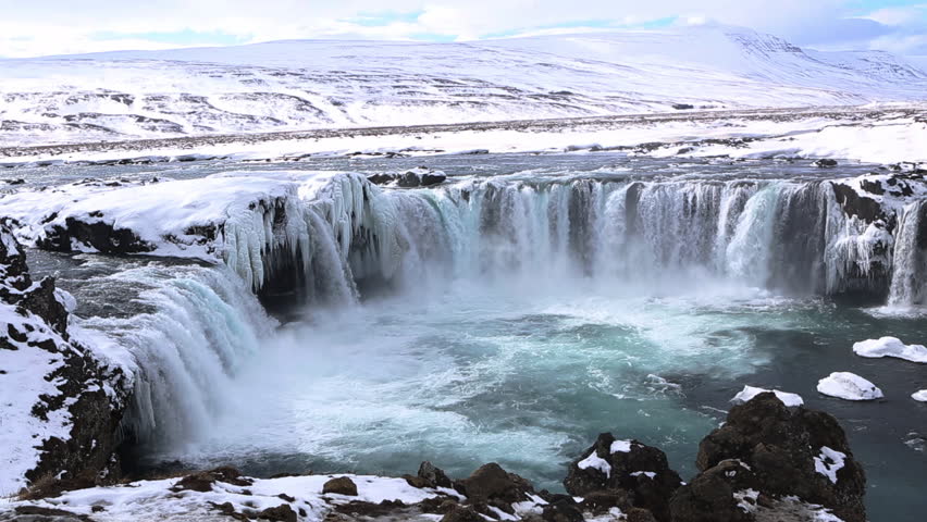 Famous waterfall Godafoss in wintertime in Iceland, high definition video