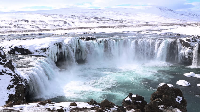Famous waterfall Godafoss in wintertime in Iceland, high definition video