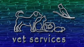 Vet services, 3d text in liquid chrome silhouette of dog, cat, bird, Guinea pig, fish on blue and green brick wall background, eye catching ad for vet praxis, vet services, attention grabbing ad 10s4k - Powered by Shutterstock - Get 15% off with code: PIKWIZARD15