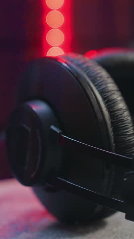 Close-up of black over-ear headphones in a dimly lit studio room, illuminated by dynamic green, blue, and red lighting. T mood of a professional audio setup with subtle light reflections
