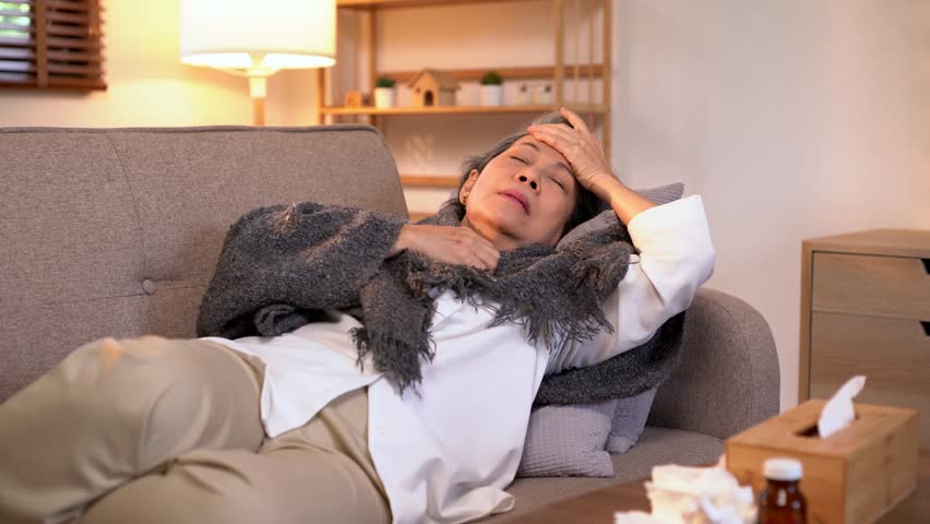 Video 4K Resolution of Senior elderly patient sneezing coughing and pain, flu or sickness with cold or illness in living room