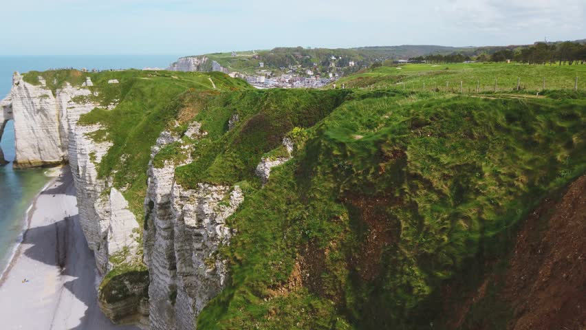 Panoramic top view of white chalk cliffs, slopes, Jambourg beach, Porte d