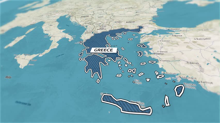 Borders of the state of Greece on the map. Country Greece on the map is highlighted by a polygonal border. From above zooming in with panoramic view