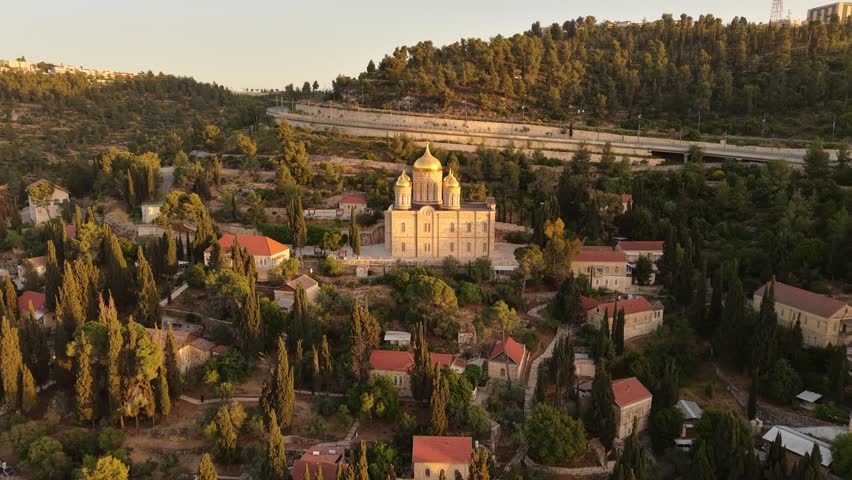 Aerial video of the Church of the Visitation during sunset at Ein Karem, Jerusalem