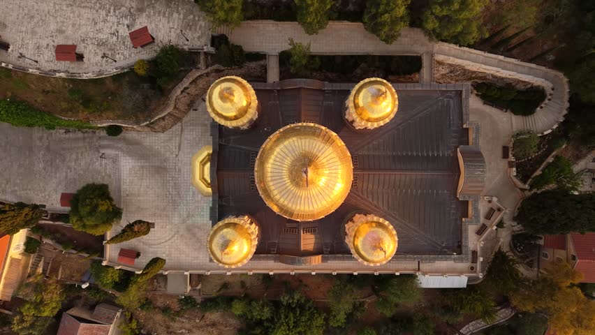 Aerial video of the Church of the Visitation during sunset at Ein Karem, Jerusalem