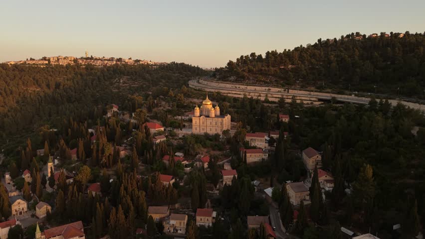 Aerial video of the Church of the Visitation during sunset at Ein Karem, Jerusalem
