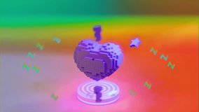 Side view of voxel heart on illuminated circular pedestal. Background is gradient red and green. Surrounded by colorful elements. Bright lighting and retro 3d pop style. No people - Powered by Shutterstock - Get 15% off with code: PIKWIZARD15