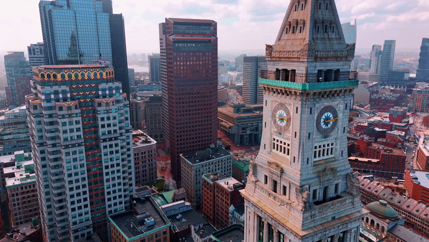 Footage along the tops of the beautiful high-rise buildings. Stunning architecture of Boston, Massachusetts, USA.