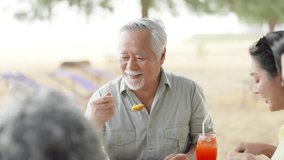 Happy Asian Multi-Generation family having lunch eating seafood together at beach restaurant. Family enjoy and fun travel nature the sea on summer holiday beach vacation. Family spending time together - Powered by Shutterstock - Get 15% off with code: PIKWIZARD15