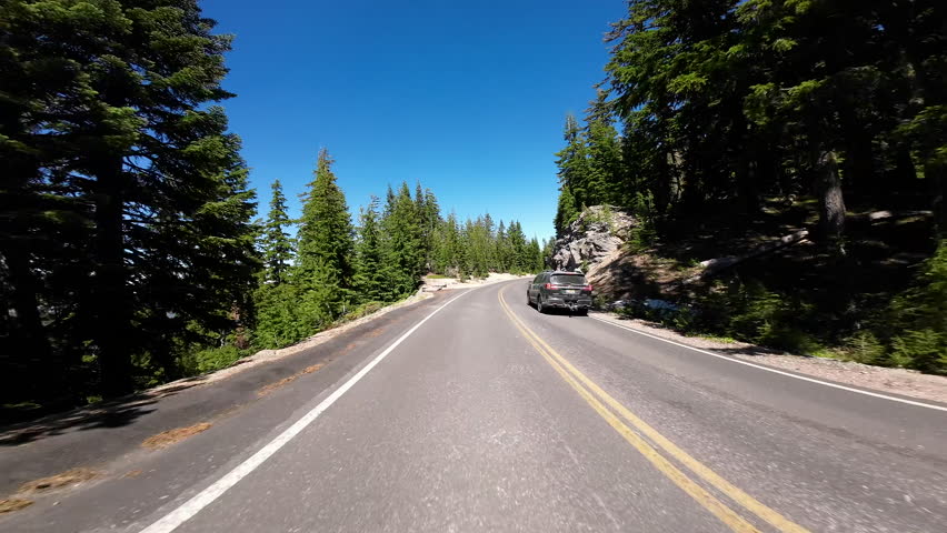 Crater Lake National Park North Section Rim Drive Southbound Cleetwood Cove to Meriam Point 03 Rear View Driving Plates Oregon USA Ultra Wide