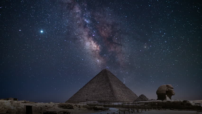 Egypt Pyramid of Khufu and Sphinx Pan R Under Milky Way Galaxy in the Night Sky