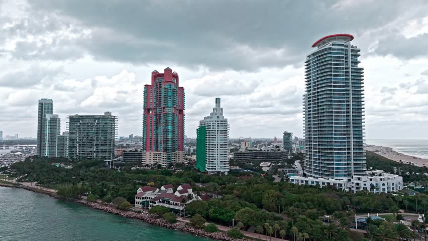 Skyscraper architecture of Miami. Miami south beach aerial view. Skyscraper at south pointe park. Luxury hotel skyscraper. Aerial Miami south beach. Luxury skyline. South pointe cloudy weather