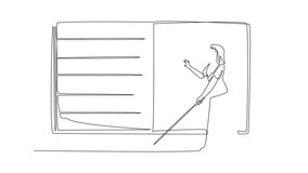 Animated self drawing of one line drawing of character woman walks by fingering huge braille books, trying to spell the words. Learn to read. World braille day. Full length single line animation - Powered by Shutterstock - Get 15% off with code: PIKWIZARD15
