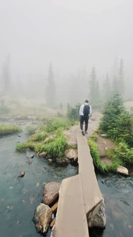 Vertical View of a Misty River Flowing Through Rocky Mountains in a Colorado National Park, Trees on the Riverbank with Breathtaking Rocky Peaks in the Background