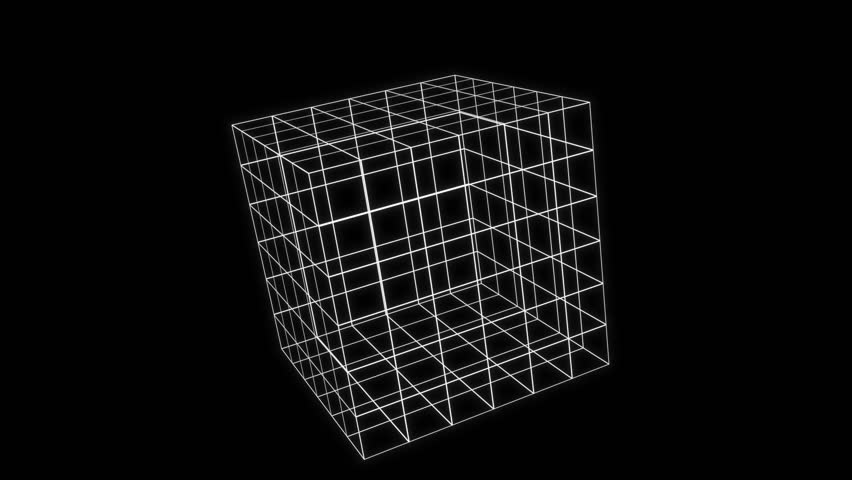 White Wireframe Cube Rotation in Space, Futuristic Abstract Geometric Animation Background, Seamless 4K Looping 