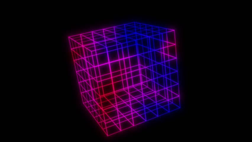 Neon Wireframe Cube Rotation in 3D Space, Futuristic Abstract Geometric Animation with Dynamic RGB Color Shifting, Seamless Looping Background in 4K
