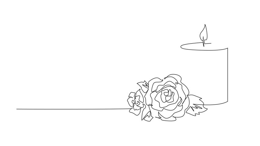 Self drawing animation of continuous one line drawing candle with bouquet of red roses. Beauty. Love. Passion. Combination that creates a sense of comfort. World Candle Day. Full length animated