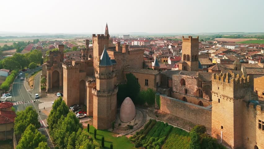Aerial view of the Royal Palace of Olite in Navarre province, northern Spain. Cityscape of Olite town with a medieval fortified castle of Kings of Navarre