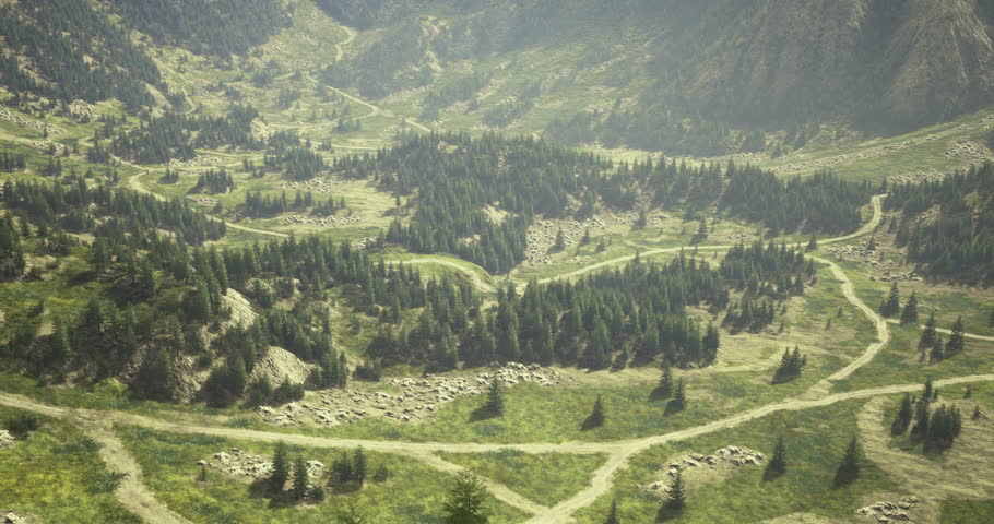 Lush green valleys and hills create a serene backdrop, with winding paths inviting exploration. Dense forests and rocky formations enhance the natural beauty of the area during midday.