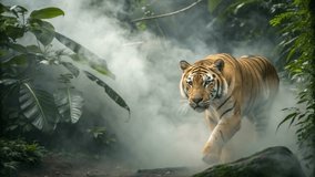 A Siberian Tiger walks through a misty, snowy forest, its orange and black stripes contrasting with the white snow. - Powered by Shutterstock - Get 15% off with code: PIKWIZARD15