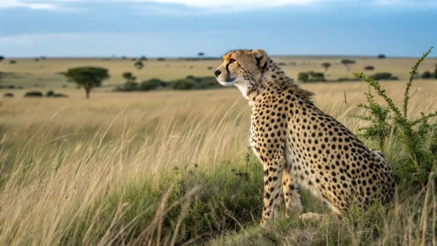 A cheetah with distinctive black spots sits alertly in tall, dry grassland under a pale sky, likely part of a wildlife video