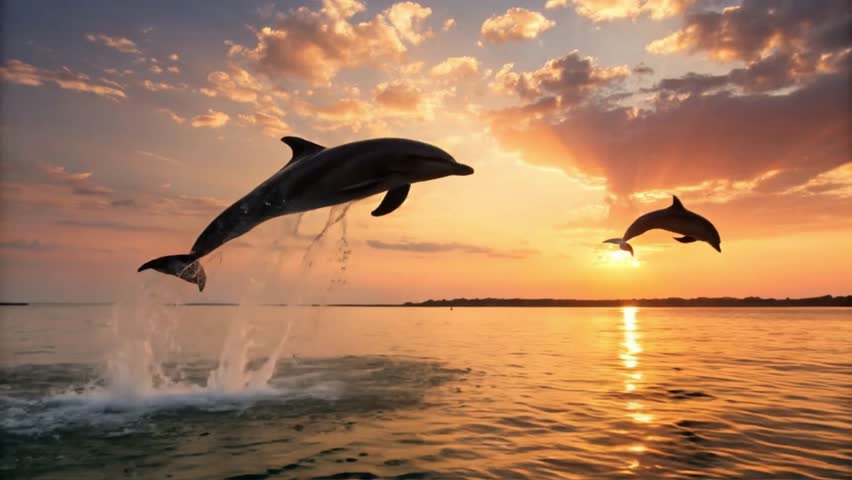 Dolphins leap from the water at sunset, with a fiery sky and calm sea in the background.