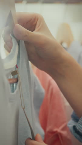 In a vibrant accessories store, a stylish young woman examines a clothing item with a recycling tag. She thoughtfully considers sustainable fashion choices among trendy apparel