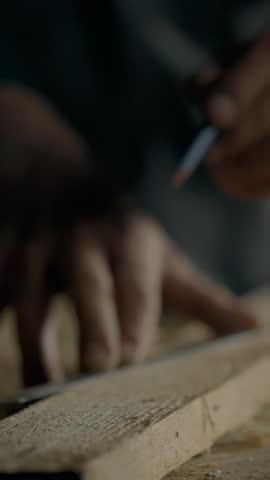 A skilled carpenter is marking a piece of wood with a pencil, ensuring precise lines before cutting