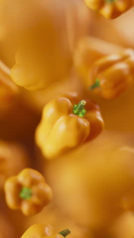 Animation of a group of bell pepper. Many bell pepper slowly rotate in the background in space. Vertical composition. Defocus. Close-up.