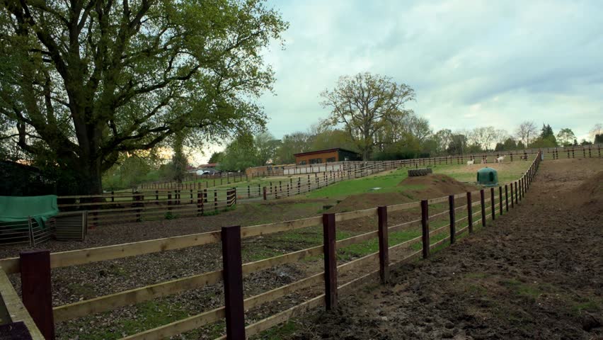 Showcasing a serene equestrian training area in the United Kingdom, featuring fences, stables, and a mature tree.