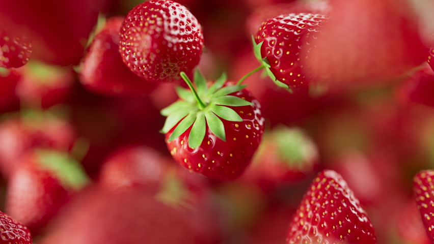 Looping animation of a group of strawberry. Many strawberry slowly rotate in the background in space. Horizontal composition. Defocus. Close-up. Cycle.