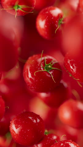 Animation of a group of tomato. Many tomatoes slowly rotate in the background in space. Vertical composition. Defocus. Close-up.