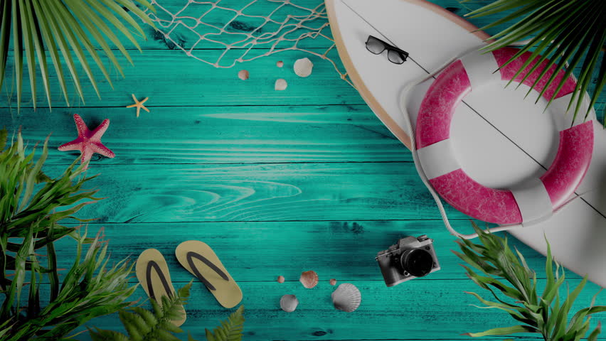 Summer Beach Items on Turquoise Wooden Background in Seamless Loop Animation