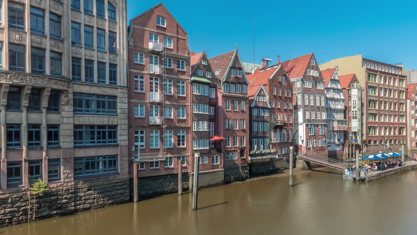Panorama showing Kleines Dock along the northern Elbe Canal aerial timelapse in Hamburg, Germany. Picturesque cafes and historic brick houses line serene waterfront, perfect for enjoying tidal views