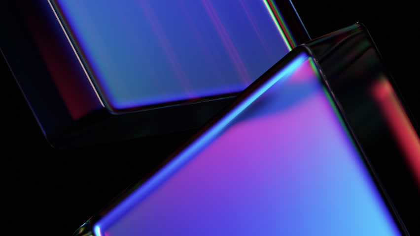 Abstract animation, 3d render of rotating glass shapes on black background, 4k seamless looped video