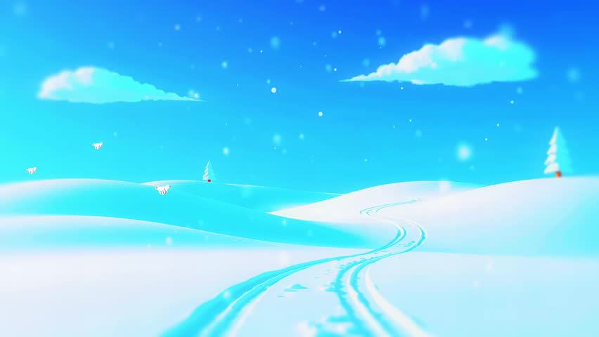 Winding Paths in a Winter Dream: A Cartoon Landscape with Snowfall and Serene Ski Trails