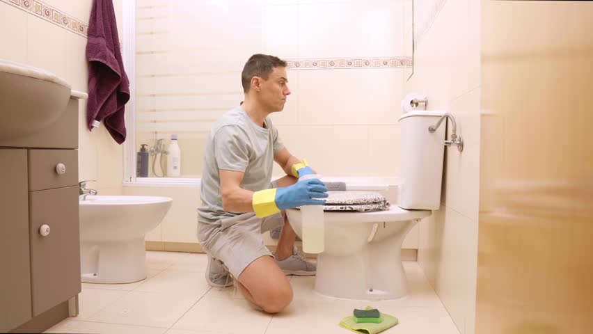 Man cleaning toilet in bathroom with disinfectant and sponge