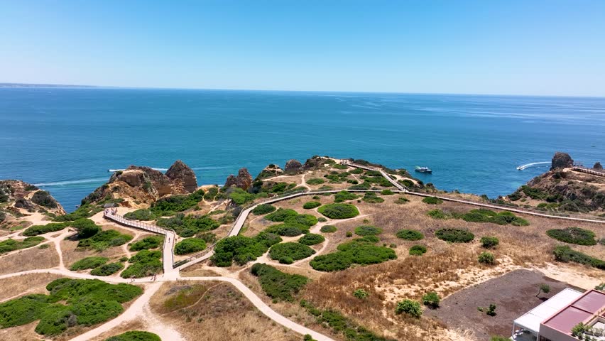 Drone view of Ponta da Piedade in Lagos, Portugal, featuring scenic coastal cliffs, turquoise sea, wooden boardwalk trails, and sightseeing boats on a sunny day